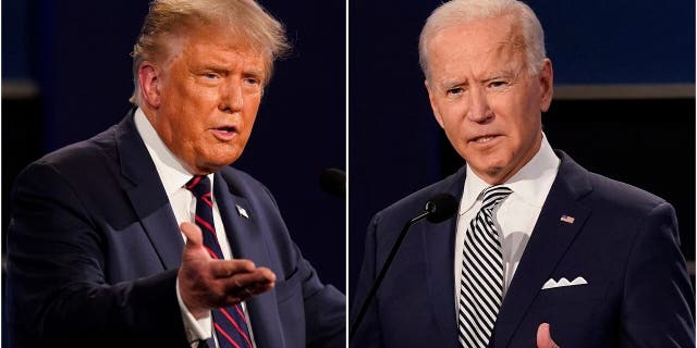 FILE - This combination of Sept. 29, 2020, file photos shows President Donald Trump, left, and former Vice President Joe Biden during the first presidential debate at Case Western University and Cleveland Clinic, in Cleveland, Ohio. (AP Photo/Patrick Semansky, File)