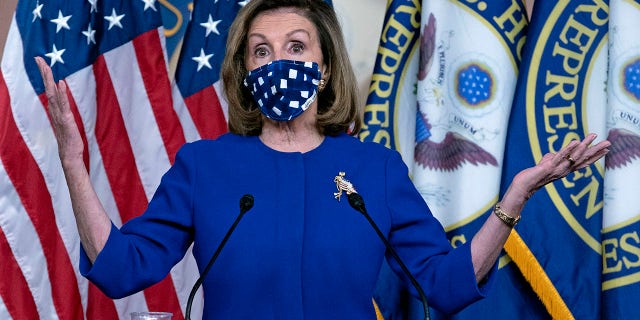 Presidente della Camera Nancy Pelosi, D-Calif. speaks during a news conference on Capitol Hill, a Washington, giovedi, Ott. 22, 2020. (AP Photo / Jose Luis Magana)