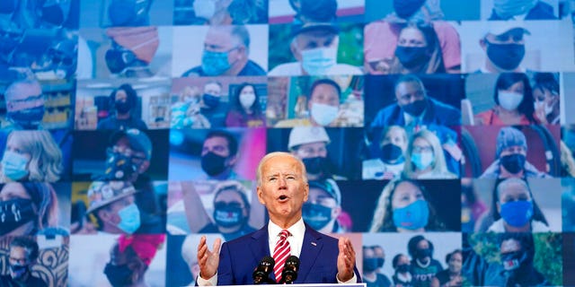 Democratic presidential candidate former Vice President Joe Biden speaks about coronavirus at The Queen theater, Friday, Oct. 23, 2020, in Wilmington, Del. (AP Photo/Andrew Harnik)