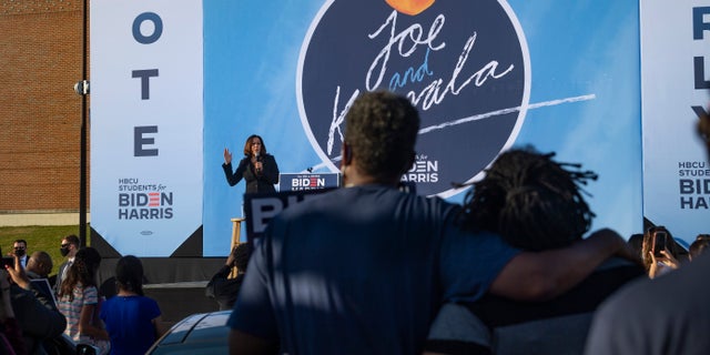 Democratic vice presidential candidate Sen. Kamala Harris, D-Calif., speaks during a campaign event at Morehouse College, Friday, Oct. 23, 2020, in Atlanta. (AP Photo/John Amis)