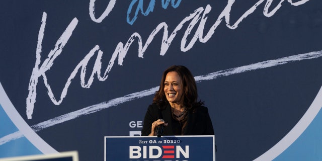 Democratic vice presidential candidate Sen. Kamala Harris, D-Calif., speaks during a campaign event at Morehouse College , Friday, Oct. 23, 2020, in Atlanta. (AP Photo/John Amis)