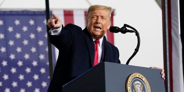 President Trump speaks at a campaign rally at HoverTech International, Monday, Oct. 26, 2020, in Allentown, Pennsylvania. 