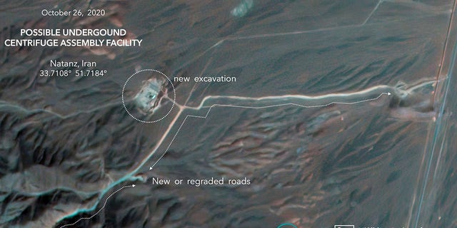 This Monday, Oct. 26, 2020, satellite image from Planet Labs Inc. that has been annotated by experts at the James Martin Center for Nonproliferation Studies at Middlebury Institute of International Studies shows construction at Iran's Natanz uranium-enrichment facility that experts believe may be a new, underground centrifuge assembly plant. Satellite photos show Iran has begun construction at its Natanz nuclear facility. (Planet Labs Inc. via AP)