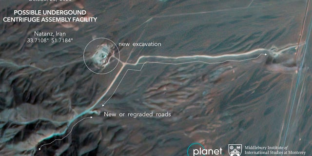 This Monday, Oct. 26, 2020, satellite image from Planet Labs Inc. that has been annotated by experts at the James Martin Center for Nonproliferation Studies at Middlebury Institute of International Studies shows construction at Iran's Natanz uranium-enrichment facility that experts believe may be a new, underground centrifuge assembly plant. Satellite photos show Iran has begun construction at its Natanz nuclear facility. (Planet Labs Inc. via AP)