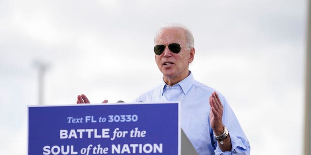 Democratic presidential candidate former Vice President Joe Biden speaks at a drive-in rally at Broward College, Thursday, Oct. 29, 2020, in Coconut Creek, Fla. (AP Photo/Andrew Harnik)