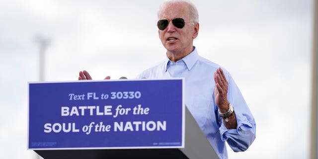 Democratic presidential candidate former Vice President Joe Biden speaks at a drive-in rally at Broward College, Thursday, Oct. 29, 2020, in Coconut Creek, Fla. (AP Photo/Andrew Harnik)