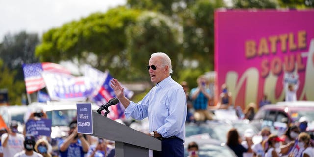 Democratic presidential candidate former Vice President Joe Biden speaks at a drive-in rally at Broward College, Thursday, Oct. 29, 2020, in Coconut Creek, Fla. (AP Photo/Andrew Harnik)