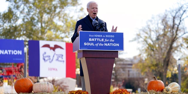 Democratic presidential candidate former Vice President Joe Biden speaks at a rally at the Iowa State Fairgrounds in Des Moines, Iowa, Friday, Oct. 30, 2020. (AP Photo/Andrew Harnik)