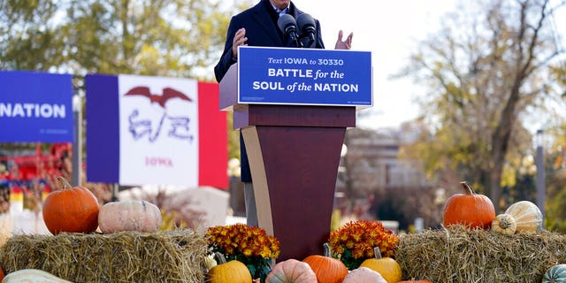 Democratic presidential candidate former Vice President Joe Biden speaks at a rally at the Iowa State Fairgrounds in Des Moines, Iowa, Friday, Oct. 30, 2020. (AP Photo/Andrew Harnik)