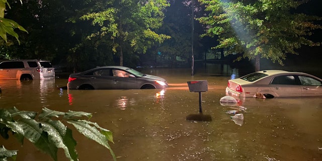 Several vehicles were stuck in floodwaters after Hurricane Delta's remnants triggered rainstroms in the Atlanta area on Saturday, according to fire officials.