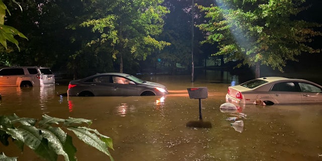 Several vehicles were stuck in floodwaters after Hurricane Delta's remnants triggered rainstroms in the Atlanta area on Saturday, according to fire officials.