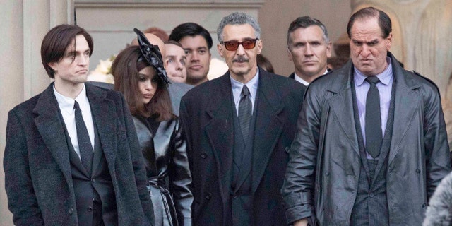 Left to right: Robert Pattinson, Zoë Kravitz, John Turturro and Colin Farrell in prosthetic makeup on the set of 'The Batman' on October 12, 2020 in Liverpool, England. (Photo by MEGA/GC Images)