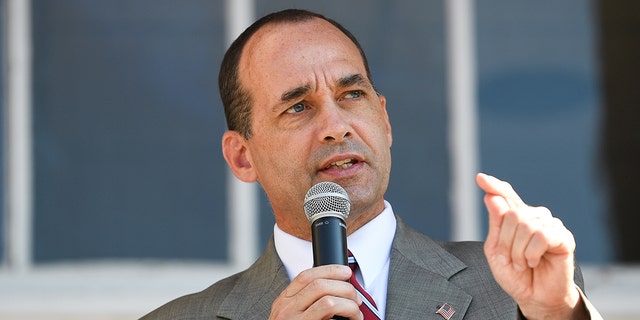 Bob Good, Republican candidate for Virginias 5th Congressional District, speaks during a rally at the Bedford County Courthouse in Bedford, Va., on Sept. 8. (Photo by Caroline Brehman/CQ-Roll Call, Inc via Getty Images)