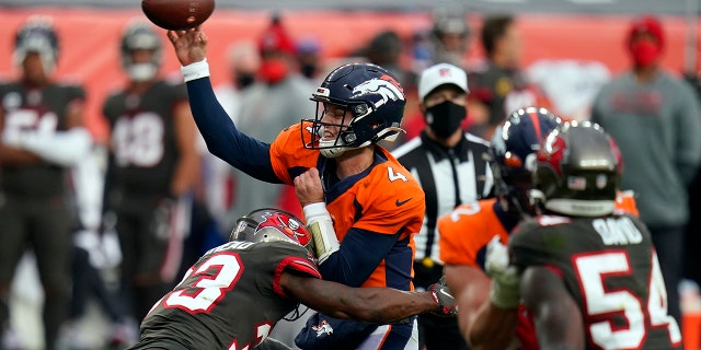 Denver Broncos quarterback Brett Rypien got his first win over the New York Jets. (AP Photo/Jack Dempsey)
