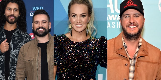 Dan + Shay (left), Carrie Underwood (center) and Luke Bryan (right) were among the stars who were recognized during the 2020 CMT Awards.