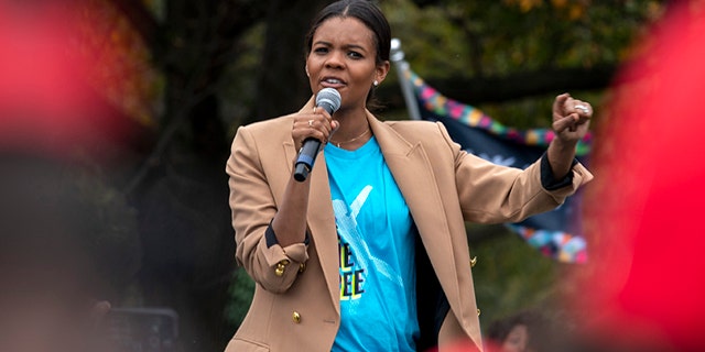 Conservative commentator and political activist Candace Owens speaks during a rally at The Ellipse, before entering to the White House, where President Donald Trump will hold an event on the South lawn on Oct. 10, in Washington. (AP Photo/Jose Luis Magana)