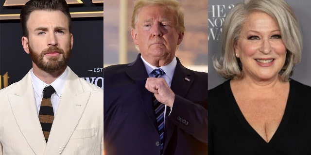 Several celebrities including Chris Evans (left) and Bette Midler (right) slammed Trump (center) for his comments after leaving medical care.