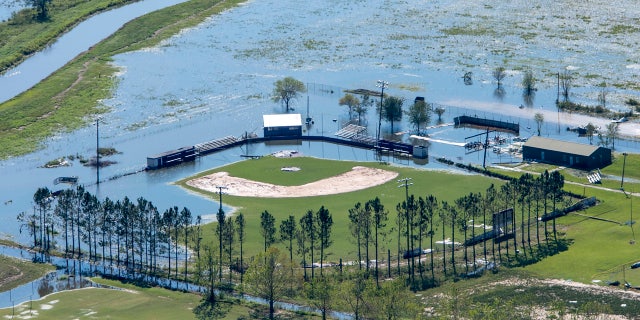 A flooded recreational area is seen in the aftermath of Hurricane Delta on Saturday, Oct. 10, 2020, in Iowa, La.