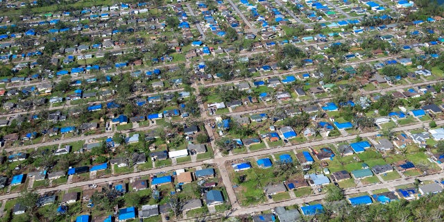 Blue tarps cover houses in the aftermath of Hurricane Delta, Saturday Oct. 10, 2020, in Lake Charles, La.
