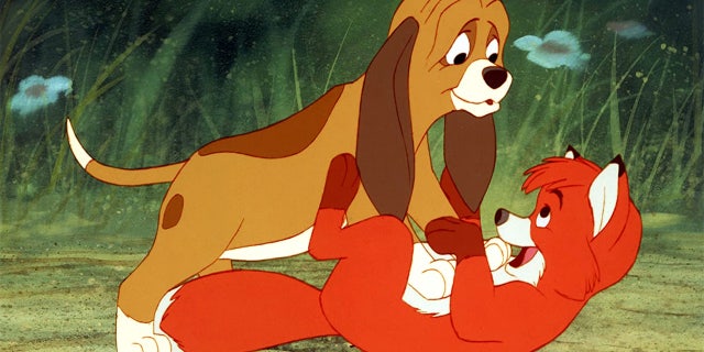 A rescue fox and a bulldog have made the 1981 animated movie "The Fox and the Hound" (pictured) come to life in the Isle of Wight in England.