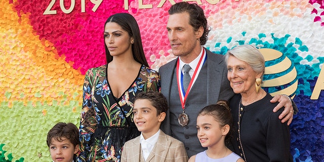 (L-R) Livingston Alves McConaughey, Camila Alves, Levi Alves McConaughey, honoree Matthew McConaughey, Vida Alves McConaughey, and Kay McConaughey attend the 2019 Texas Medal Of Arts Awards 