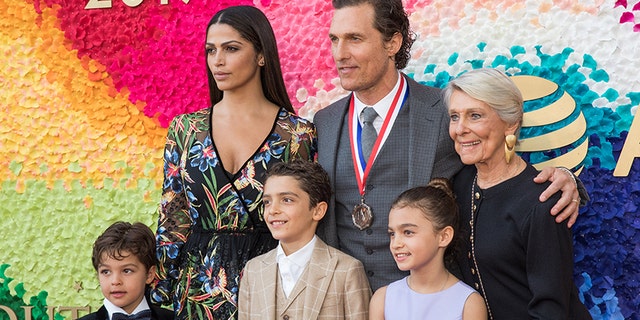 (L-R) Livingston Alves McConaughey, Camila Alves, Levi Alves McConaughey, honoree Matthew McConaughey, Vida Alves McConaughey, and Kay McConaughey attend the 2019 Texas Medal Of Arts Awards 