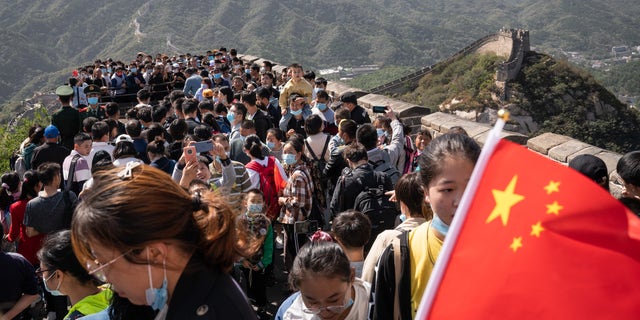 Visitors crowd the Badaling section of the Great Wall in Beijing, China, on Oct. 1. (Yan Cong/Bloomberg via Getty Images)