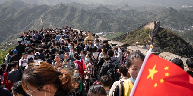 Visitors crowd the Badaling section of the Great Wall in Beijing, China, on Oct. 1. (Yan Cong/Bloomberg via Getty Images)