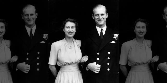 July 10, 1947: First official photo following the announcement of the engagement of Princess Elizabeth and Lieutenant Philip Mountbatten, former Prince Philip of Greece, at Buckingham Palace.  The princess is wearing her engagement ring for the first time.