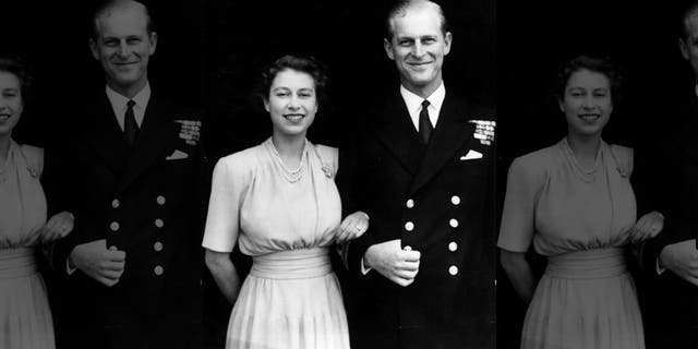 The first official picture after the announcement of the engagement of Princess Elizabeth and Lieutenant Philip Mountbatten, the former Prince Philip of Greece, at Buckingham Palace.