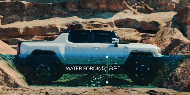 The heavy duty GMC Hummer EV can ford up to 32 inches of water with its battery pack fully submerged.