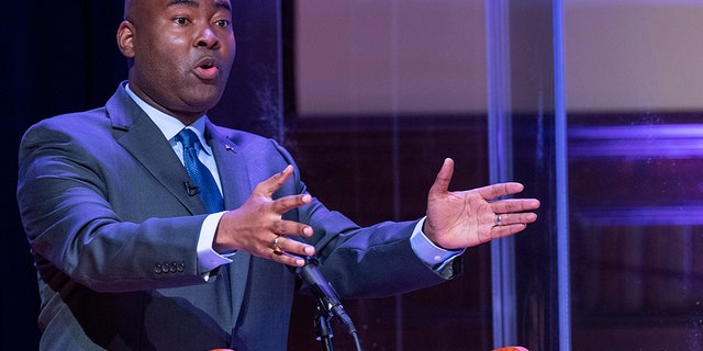 Democratic challenger Jaime Harrison speaks during the South Carolina U.S. Senate debate with Sen. Lindsey Graham, R-S.C., at Allen University in Columbia, S.C., Saturday, Oct. 3, 2020. (Associated Press)