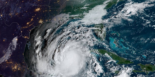 Hurricane Delta can be seen after making landfall on Mexico's Yucatan Peninsula on Oct. 7, 2020.