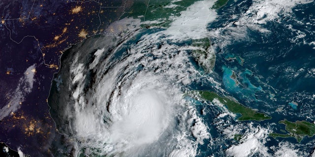 Hurricane Delta can be seen after making landfall on Mexico's Yucatan Peninsula on Oct. 7, 2020.