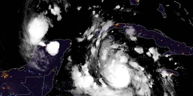 Hurricane Delta, strengthening as it takes aim at Mexico's Yucatan Peninsula, can be seen on satellite Oct. 6, 2020.