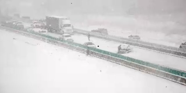 Traffic accidents were reported in the Des Moines, Iowa area on Monday, Oct. 19, 2020, as a snow squall created whiteout conditions.