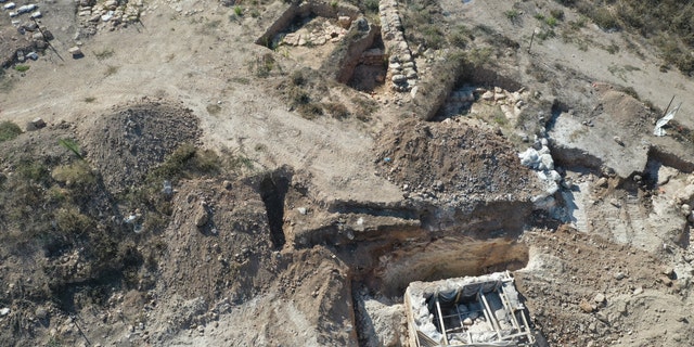 An aerial view of the mikveh, or ritual bath, and the ancient farmstead.