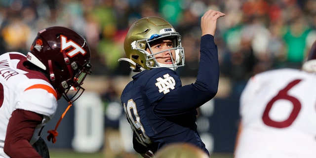 Notre Dame place kicker Jonathan Doerer kicks during the first half of an NCAA college football game, Saturday, Nov. 2, 2019, in South Bend, Ind. (AP Photo/Carlos Osorio)