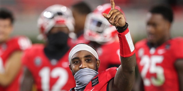 Georgia wide receiver Kearis Jackson celebrates the team's 27-6 victory over Auburn during an NCAA college football game Saturday, Oct. 3, 2020, in Athens, Ga. (Curtis Compton/Atlanta Journal-Constitution via AP)