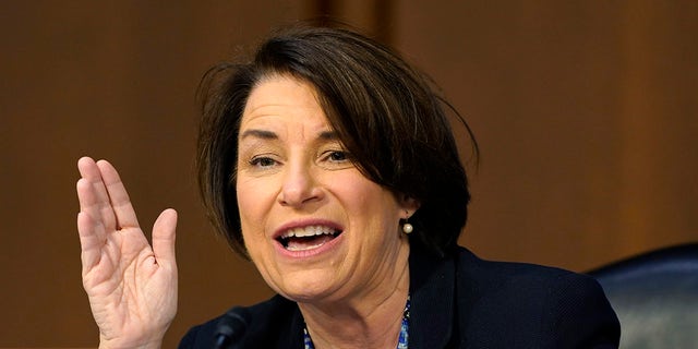 Sen. Amy Klobuchar, D-Minn., speaks before the Senate Judiciary Committee during the confirmation hearing for Supreme Court nominee Amy Coney Barrett, Thursday, Oct. 15, 2020, on Capitol Hill in Washington. (AP Photo/Susan Walsh, Pool)