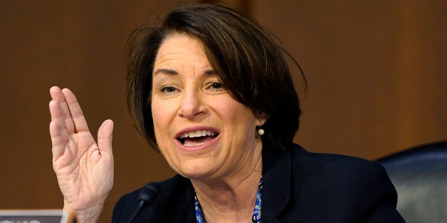 Sen. Amy Klobuchar, D-Minn., speaks before the Senate Judiciary Committee during the confirmation hearing for Supreme Court nominee Amy Coney Barrett, Thursday, Oct. 15, 2020, on Capitol Hill in Washington. (AP Photo/Susan Walsh, Pool)