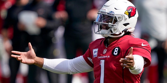 Arizona Cardinals quarterback Kyler Murray gestures during the first half of an NFL football game against the Carolina Panthers Sunday, Oct. 4, 2020, in Charlotte, N.C. (AP Photo/Brian Blanco)