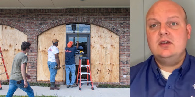 Lake Charles Mayor Nic Hunter warned Thursday that people should leave the city that was already ravaged by Hurricane Laura in August (right). People were boarding up in Amelia, La. in advance of the storm on Wednesday (left).