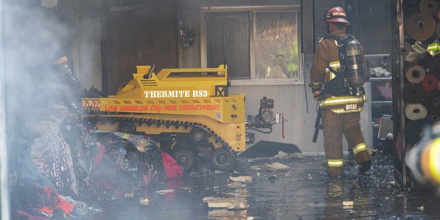 The Los Angeles Fire Department debuted the first robotic firefighting vehicle in the United States, putting it to use on its first day in service Tuesday.