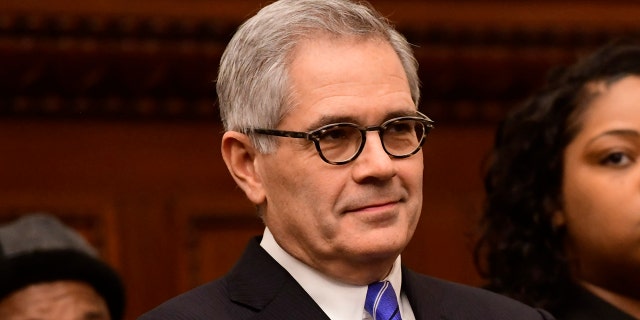 Philadelphia District Attorney Larry Krasner reacts while being mentioned by Danielle Outlaw at a press conference announcing her as the new Police Commissioner in Philadelphia.