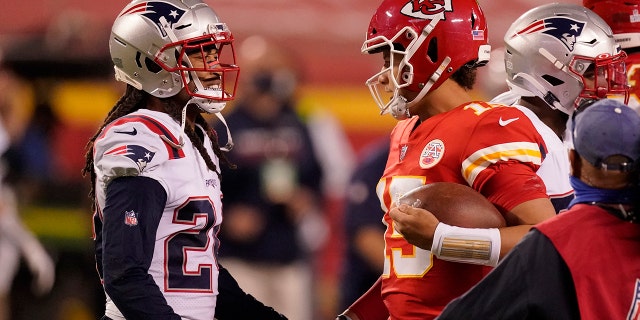 New England Patriots cornerback Stephon Gilmore, left, talks to Kansas City Chiefs quarterback Patrick Mahomes after a game Oct. 5, 2020, in Kansas City.