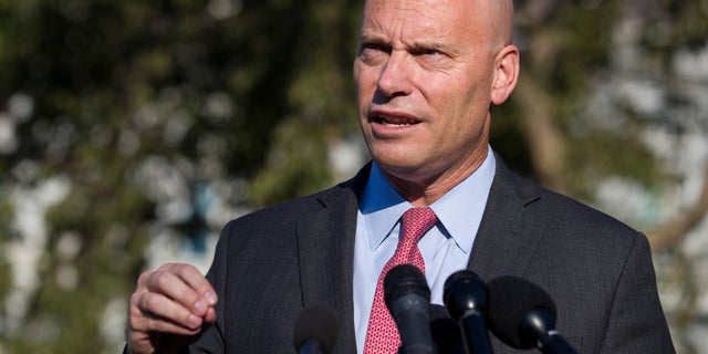 FILE - In this Monday, Sept. 16, 2019 file photo, Marc Short, chief of staff for Vice President Mike Pence, speaks with reporters at the White House in Washington. (AP Photo/Alex Brandon, File)