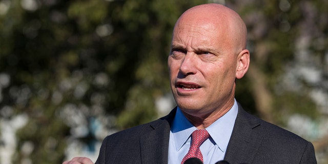 In this Sept. 16, 2019 file photo, Marc Short, former chief of staff for Vice President Mike Pence, speaks with reporters at the White House in Washington, D.C.(AP Photo/Alex Brandon, File)