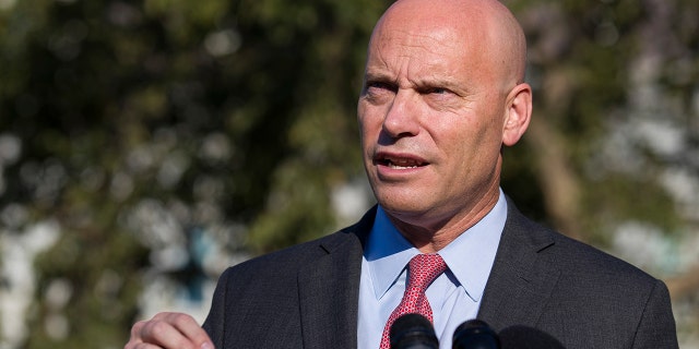 In this Sept. 16, 2019 file photo, Marc Short, former chief of staff for Vice President Mike Pence, speaks with reporters at the White House in Washington, D.C.(AP Photo/Alex Brandon, File)