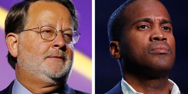 In this combination of 2018 and 2019 file photos are, from left, Democratic U.S. Sen. Gary Peters, D-Mich., and Republican U.S. Senate candidate John James. Money is abundant in Michigan's competitive U.S. Senate race between Peters and James. A campaign-finance expert projects spending will top a staggering $100 million by Election Day. (AP Photos)